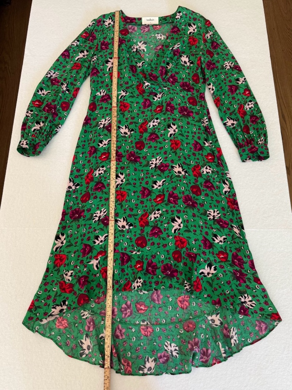 ba&sh Paloma Green Floral Wrap Midi Dress Ruffle High Low Hem Size 3 US 10 - Picture 12 of 16